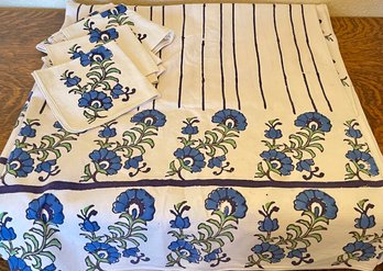 Bohemian Cotton Blue And Green Floral Table Cloth And Napkins