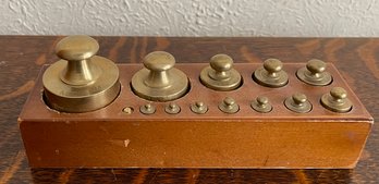 Antique 13-piece Holland Brass Weight Set In Wood Block (hexagram And Kilogram)