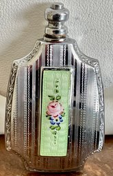 Gorgeous Art Deco Guilloche Enamel Painted Flower Silver Perfume Flask With Lid