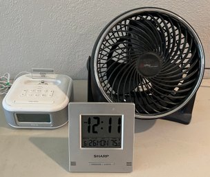 Utili Adjustable Speed Fan With Ihome IPL23 Dock And Sharp Battery Powered Clock