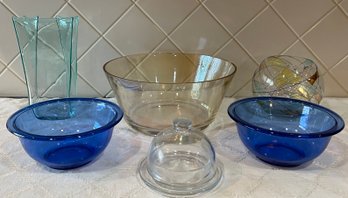 Vintage Glass Lot - Pyrex Cobalt Bowls, Amber Glass Bowls, (2) Hand Blown Vases