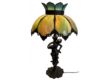 Antique Art Nouveau Bronze Sculpture Three Way Table Lamp With Green Opal Slag Glass Shade With Metal Trim