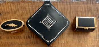 Antique Flapper Black Celluloid Rhinestone Dance Purse(as Is), Black And Gold Metal Powder, Max Factor Compact