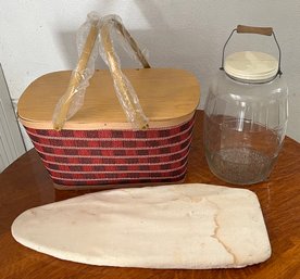 Vintage Wood Picnic Basket With Woven Shell, Illinois Glass Jar With Lid, And Miniature Ironing Board