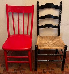 (2) Vintage Red And Black Hand Painted Chairs - (1) Ladderback With Cane Seat