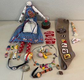 Vintage Collectibles And Toy Lot - Miniatures, Watches, Porcelain Head Doll, Girl Scout Patches, And More