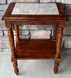 Small Dark Wood 2 Tier White Marble Top Plant Stand Or Side Table