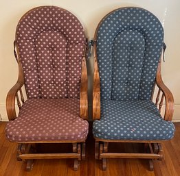 Pair Of Vintage Solid Oak Rocking Chairs With Pink & Blue Cushions