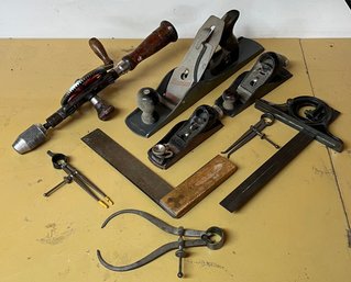 Vintage And Antique Tool Lot - Planers, Calipers, Hand Drill, And Protractor
