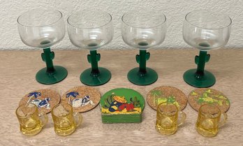 (4) Green Cactus Stem Glasses With (4) Amber Shot Glasses, And Mexico Cork Coasters With Holder