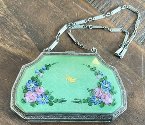 Gorgeous Antique Art Deco Handled Guilloche Enamel Silver Compact W Mirror, Powder, Rouge And Lipstick Holder