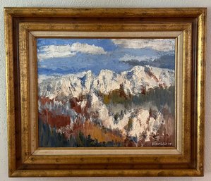 Original Signed Denmead 1977 Oil On Canvas Mountain Landscape With Gold Tone Frame