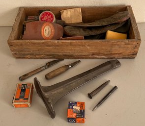 Antique Shoe Cobbler Lot Including Boxes Of Tacks, Punches, Templates, And Wooden Crate