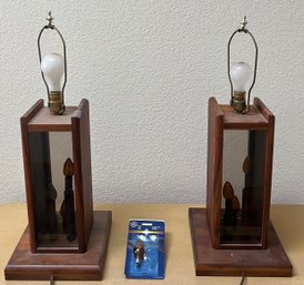 Pair Of Solid Walnut 3-way Table Lamps With Lighted Bases