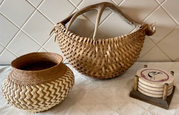 Antler Handle Basket, Hand Woven Basket, And A Set Of Kokopelli Coasters