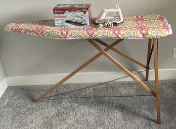 Vintage Wood Frame Folding Ironing Board With Sun Beam Classic Iron In Original Box