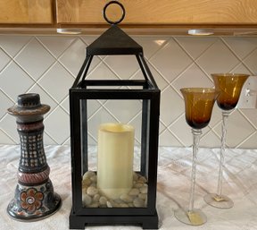 Lot Of Vintage Candle And Votive Holders - Mexico Pottery, Glass Lantern, (2) Art Glass Votive Holders