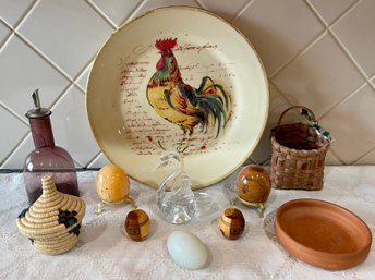 Sur Le Table Rooster Plate, (2) Carved Stone Eggs, Wood Salt And Pepper, And An Art Glass Swan