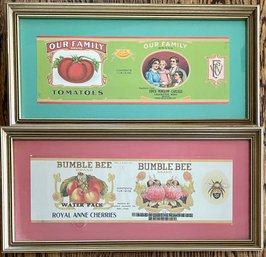 2 Framed Antique Advertising Labels - Our Family Brand Tomatoes And Bumble Bee Royal Anne Cherries