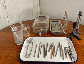 Dental Medical Lot With Dental Picks, Tweezers, Enamel Tray, Glass Beakers, Test Tubes, Vintage Microscope