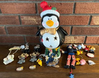 Holiday Lot - Ceramic Penguin With Assorted Resin Ornaments - Disney, Cat Collector, And More