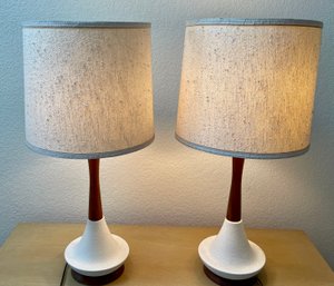 (2) Mid Century Modern Teak And White Pottery 3-way Table Lamps With Matching Shades