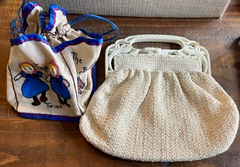 Gorgeous Antique Hand Crochet Purse With White USA Peacock Motif Frame & Hand Made Button Bag