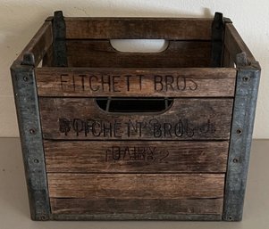 Antique Fitchett Bros Dairy Divided Milk Crate With Metal Trim