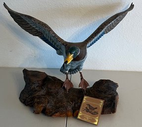Vintage Wood Arts By Hai Feng Mallard In Flight No. 23131 Carved Sculpture With Base
