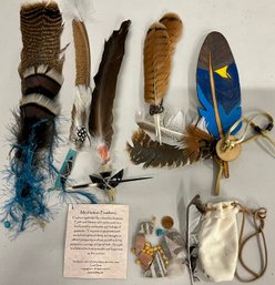 Meditation Feathers By Carol Snow, Leather Medicine Pouch With Pottery Shards, Corn, And Turquoise