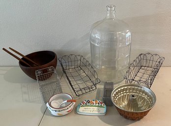 Kitchen And Decor Lot - 10 Gallon Jug, Metal Wire Baskets, Wood Salad Bowl, Cake Pan, And More