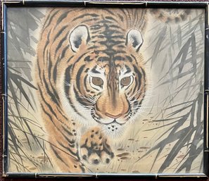 Vintage 17 X 14.5 Inch Japanese Tiger Silk Painting In Bamboo Style Frame