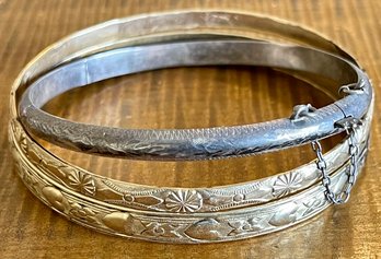 Antique Bracelet Lot - 2 Repousse 12K Gold Filled Bangle Bracelets - 1 Sterling Silver Etched Bangle Bracelet