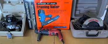 Central Pneumatic 10 Gauge Framing Nailer With Hilti Hammer Drill And Porter Cable Circular Saw