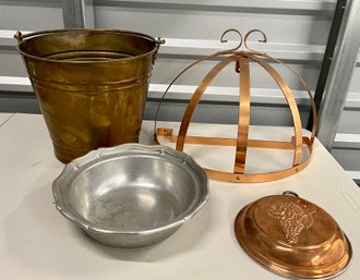 Copper, Brass, And Pewter Lot - Bucket, Copper Pot Rack, Pewter Bowl Countryware 74'