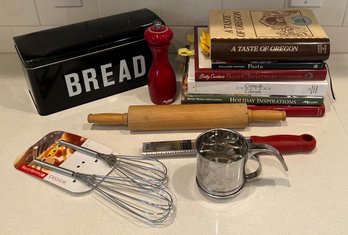 Kitchen Decor Lot - Cookbooks - Metal Bread Tin - Wisk - Pepper Grinder - Grater - Creme De Colorado - Sonoma