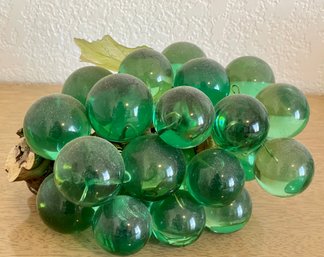 Mid Century Modern Green Glass Grapes On Wood Base