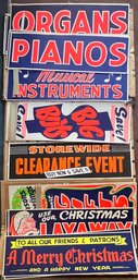 Collection Of 1940s 33.5 X 11 Inch Paper Signs - Sale And Clearance, Christmas, And Instruments