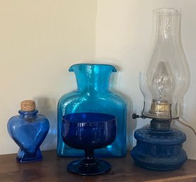 Blue Glass Lot - Electric Oil Lamp, Double Spout Decanter, Heart Bottle With Cork, And Goblet