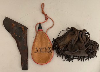 Antique Leather Holster With Vintage Boda Bag And Leather Pull String Powder Bag