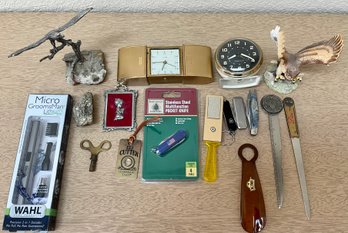 Vintagr Men's Dresser Lot - Florn Travel Clock, Westclox Alarm, Bpoe, & Lilly Letter Opener