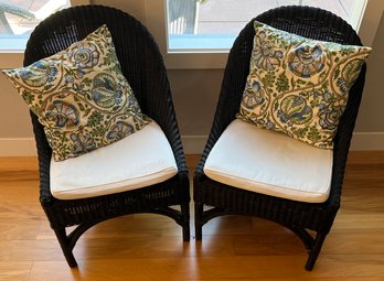 Pair Of Black Rattan Side Chairs With Cushions And Matching Pillows