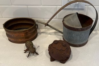 Antique Tin Watering Can With Solid Cast Iron Frog And Bug And Handled Copper Pot