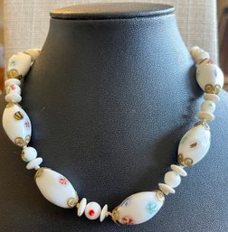 Vintage Mid Century Murano White Glass Millifiori Bead Necklace