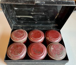 Rare Antique Rustic Black Metal Hinged Box W 6 Red Spice Tins Tole Painted- Ginger - Mace - Mustard And More