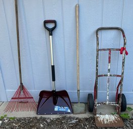 Solid Rubber Wheel Dolly With Rake, Snow Shovel, And Edger