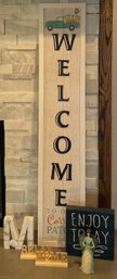 Wood Decor Signs And Angel Figurine - Enjoy Today - Relax - Home - Welcome To Our Carrot Patch