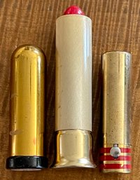 (3) Vintage Gold Tube Lipstick Cases -helen Neushaefer, Hazel Bishop, Rejuvia Sun Gold