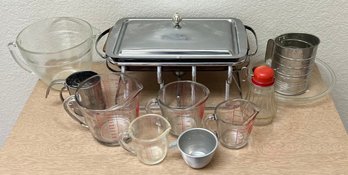 Baking Lot - Stainless Chaffing Dish, Anchor Hocking 4 Cup Dish, Measuring Cups, Fire King 8 Cup Dish, & More