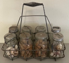 Antique Metal Bottle Crate With (8) Assorted Ball And Kerr Jars With Contents